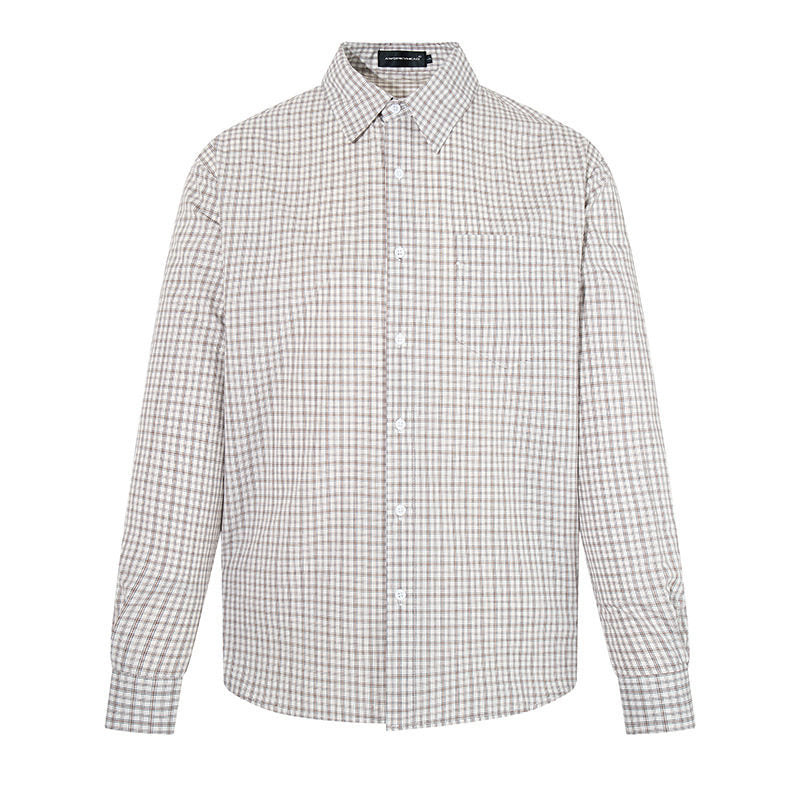 Men's Checked Long Sleeve Shirt in Relaxed Fit with Chest Pocket and Kent Collar EVA-US