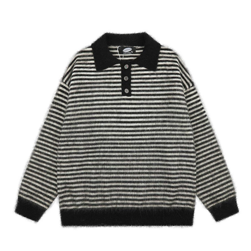 Women's Fluffy Knit Polo with Stripes, Contrasting Collar and Button Placket EVA-US