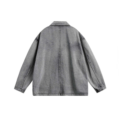 Unisex Oversized Denim Jacket in Vintage Wash with Lapel Collar and Patch Pockets EVA-US