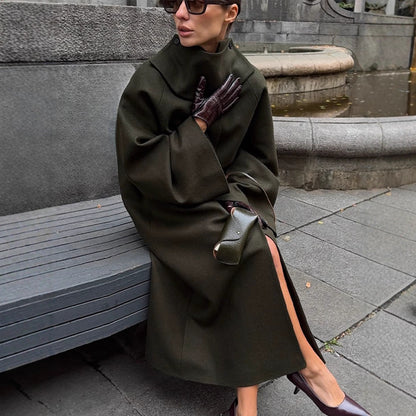 Women Maxilength Oversize Wool Blend Coat with Oversized Stand Collar and Balloon-like Sleeves EVA-US