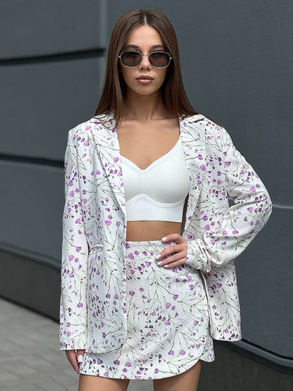 Ladies Floral Blazer and Mini Skirt Set made of textured cotton blend EVA-US