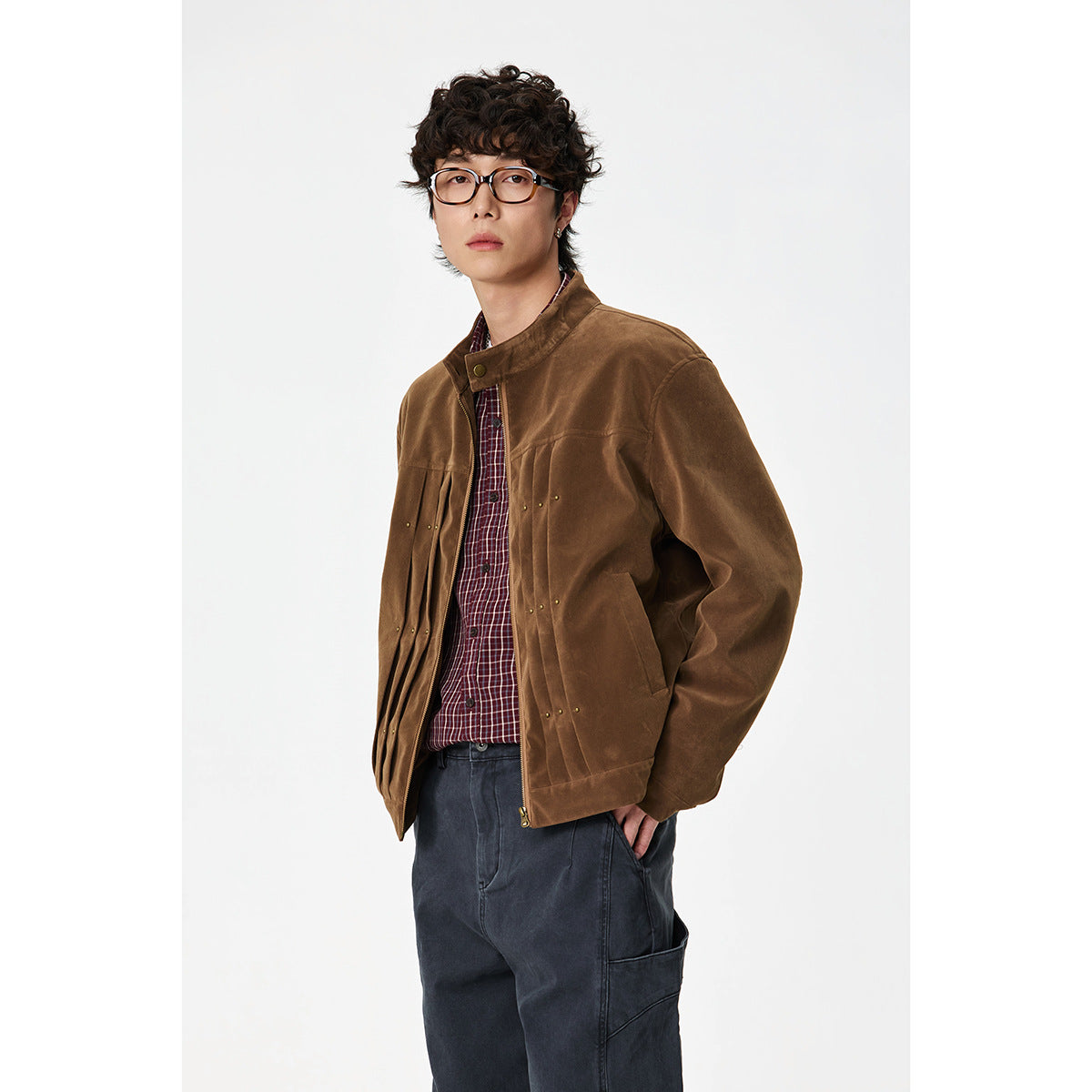 Men's Velour Leather Look Blouson Jacket with Pleated Yoke and Stud Detail EVA-US