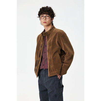 Men's Velour Leather Look Blouson Jacket with Pleated Yoke and Stud Detail EVA-US