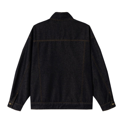 Unisex Oversized Denim Jacket with Funnel Neck and Decorative Chest Flap EVA-US
