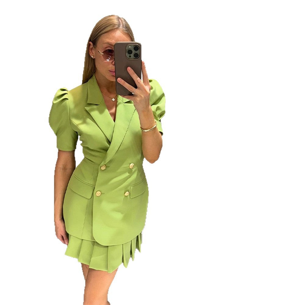 Women Double-breasted Blazer Dress with Puff Sleeves and Pleated Hem EVA-US