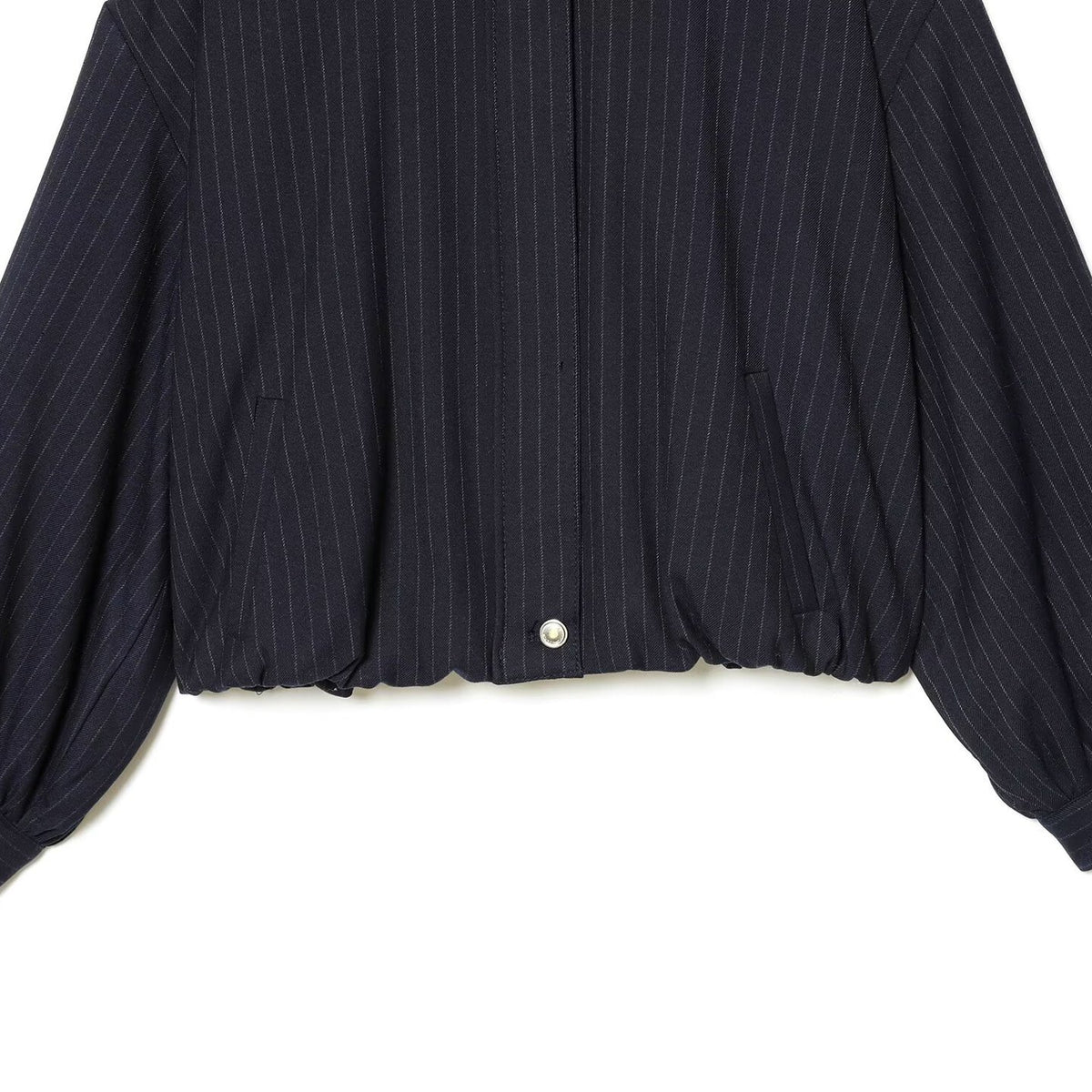 Ladies Short Pinstripe Blouson Jacket with Stand Collar, Balloon Sleeves and Elastic Hem EVA-US