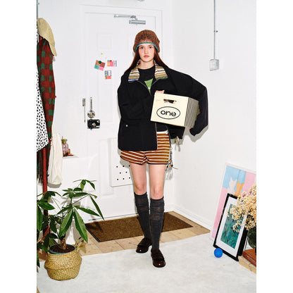 Women's short jacket in boxy cut with patterned stand-up collar and drawstring hood