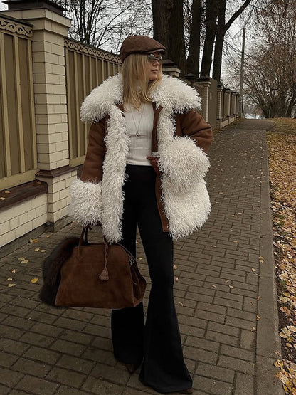 Women's short coat in lamb fur look with voluminous curly collar and contrast trim EVA-US
