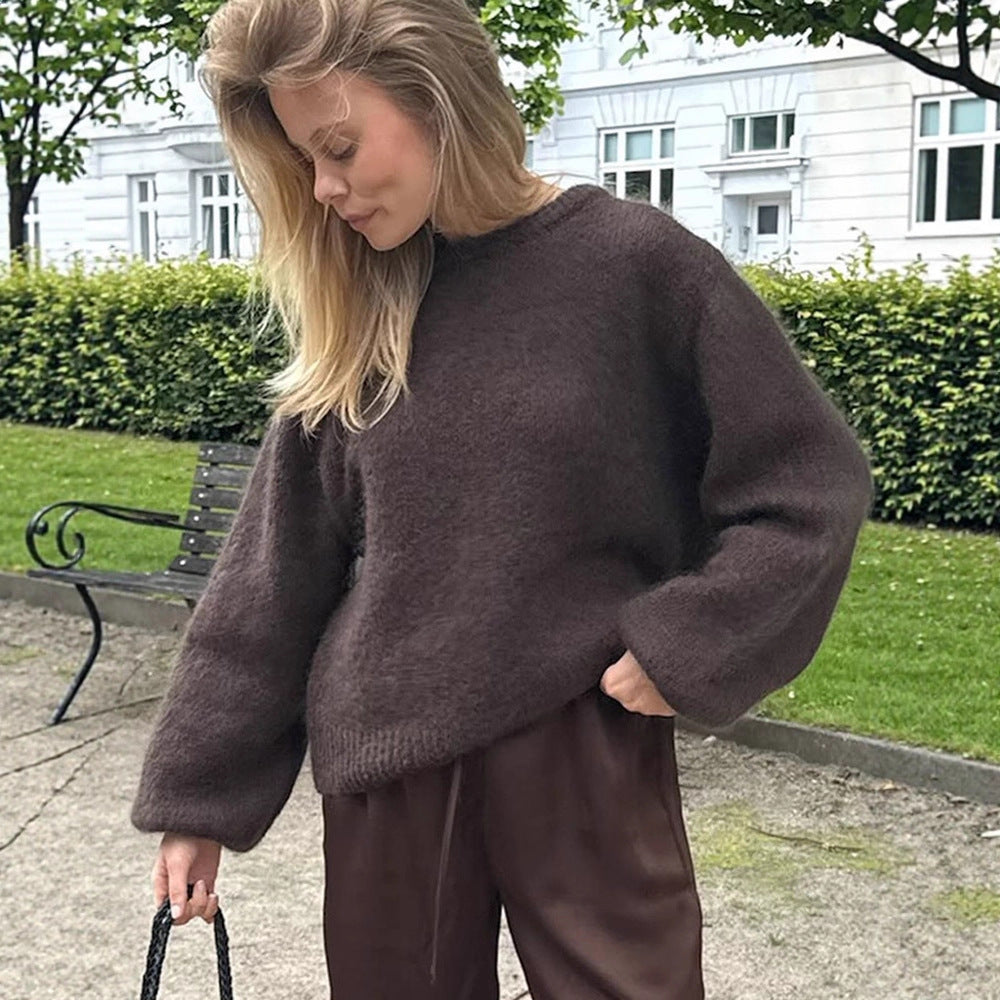 Women's Fluffy Round Neck Sweater with Balloon Sleeves and Boxy Silhouette EVA-US