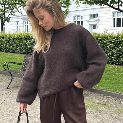 Women's Fluffy Round Neck Sweater with Balloon Sleeves and Boxy Silhouette EVA-US