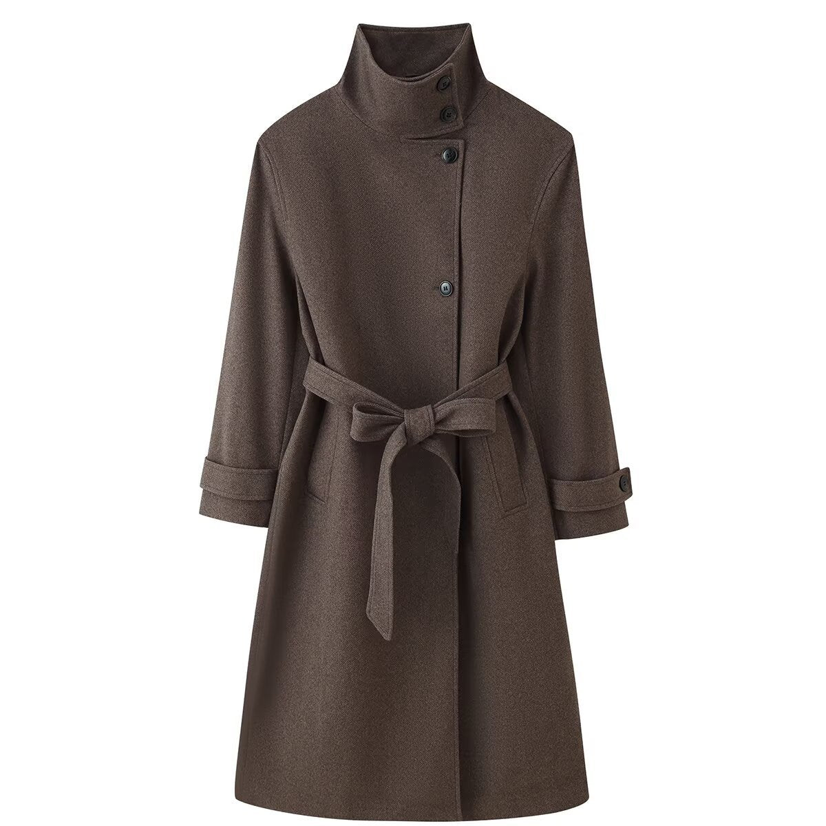 Ladies Mid-length Wool Blend Coat with Stand Collar, Asymmetric Button Placket and Waist Belt EVA-US