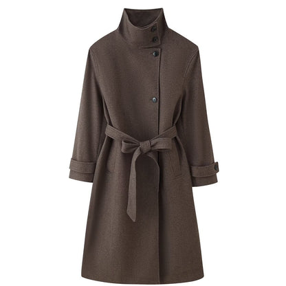 Ladies Mid-length Wool Blend Coat with Stand Collar, Asymmetric Button Placket and Waist Belt EVA-US