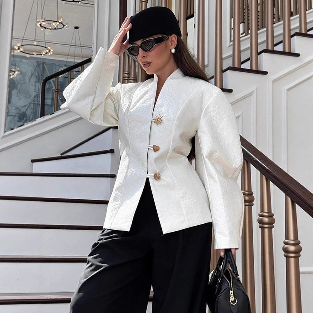 Women's Tailored Blazer Suit with Sculptural Balloon Sleeves and Mini Skirt EVA-US