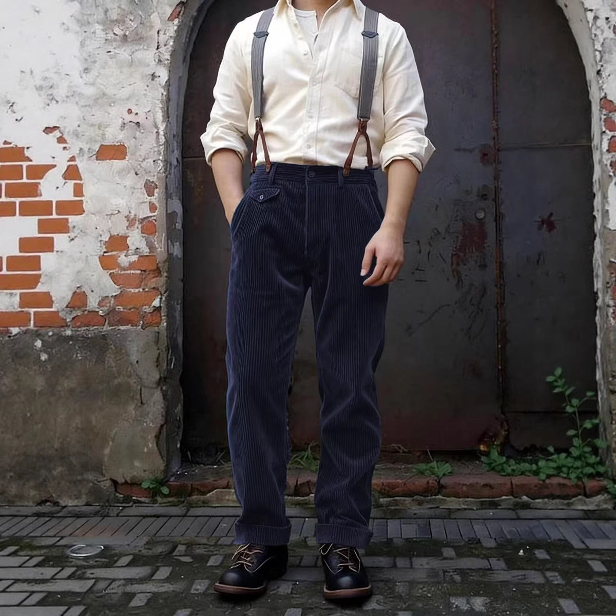 Men's corduroy pants with high waist, wide cord and buttoned flap pocket EVA-US