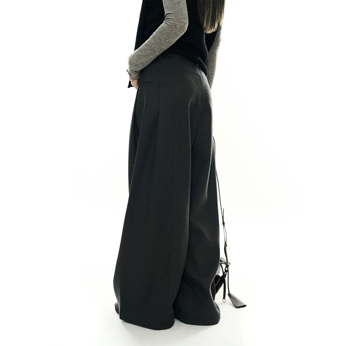 Women High-waisted wide wool-look palazzo trousers with pleats and low crotch EVA-US
