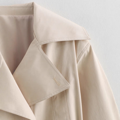 Women Short Cropped Trench Coat with Wide Shawl Collar, Waist Belt to Tie and Decorative Cuffs EVA-US
