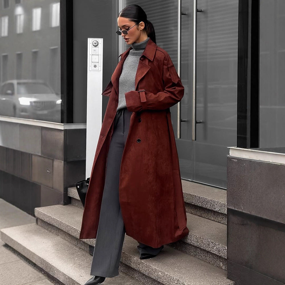 Women's long trench coat made of suede imitation with double button placket EVA-US