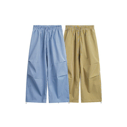 Women's loose cotton pants with elastic waistband, check pattern and adjustable hem drawstring EVA-US