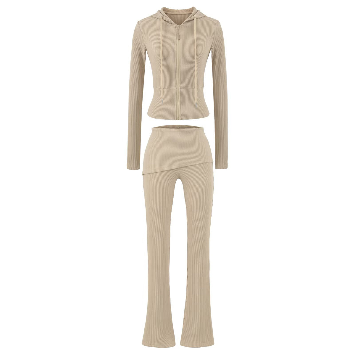 Women's Ribbed Lounge Set with Hooded Jacket and Wrap Waist Pants EVA-US