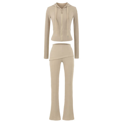 Women's Ribbed Lounge Set with Hooded Jacket and Wrap Waist Pants EVA-US