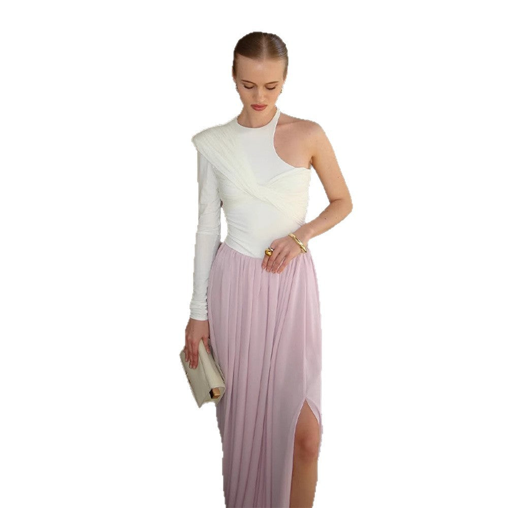 Women's Asymmetrical One-Shoulder Maxi Dress with Draped Top, Long Pleated Skirt and Leg Slit EVA-US