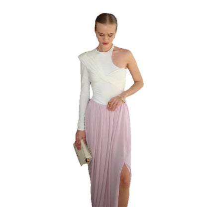 Women's Asymmetrical One-Shoulder Maxi Dress with Draped Top, Long Pleated Skirt and Leg Slit EVA-US