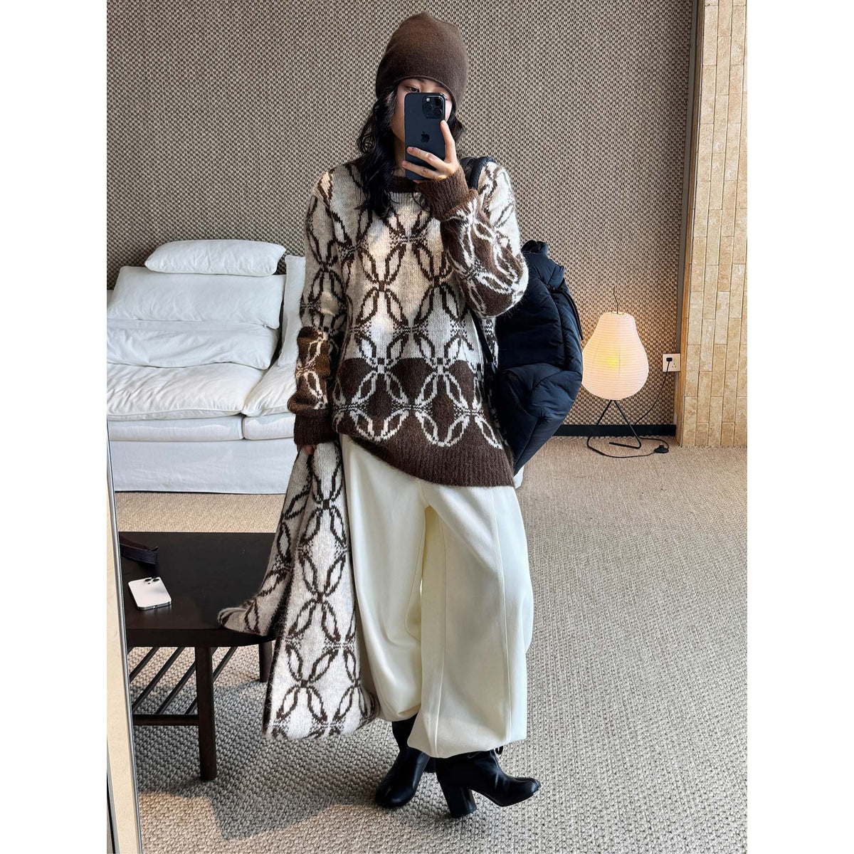 Women Oversize Mohair Look Knit Cardigan with Allover Jacquard Pattern EVA-US
