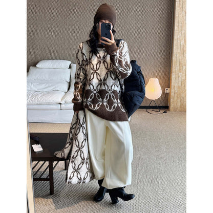 Women Oversize Mohair Look Knit Cardigan with Allover Jacquard Pattern EVA-US