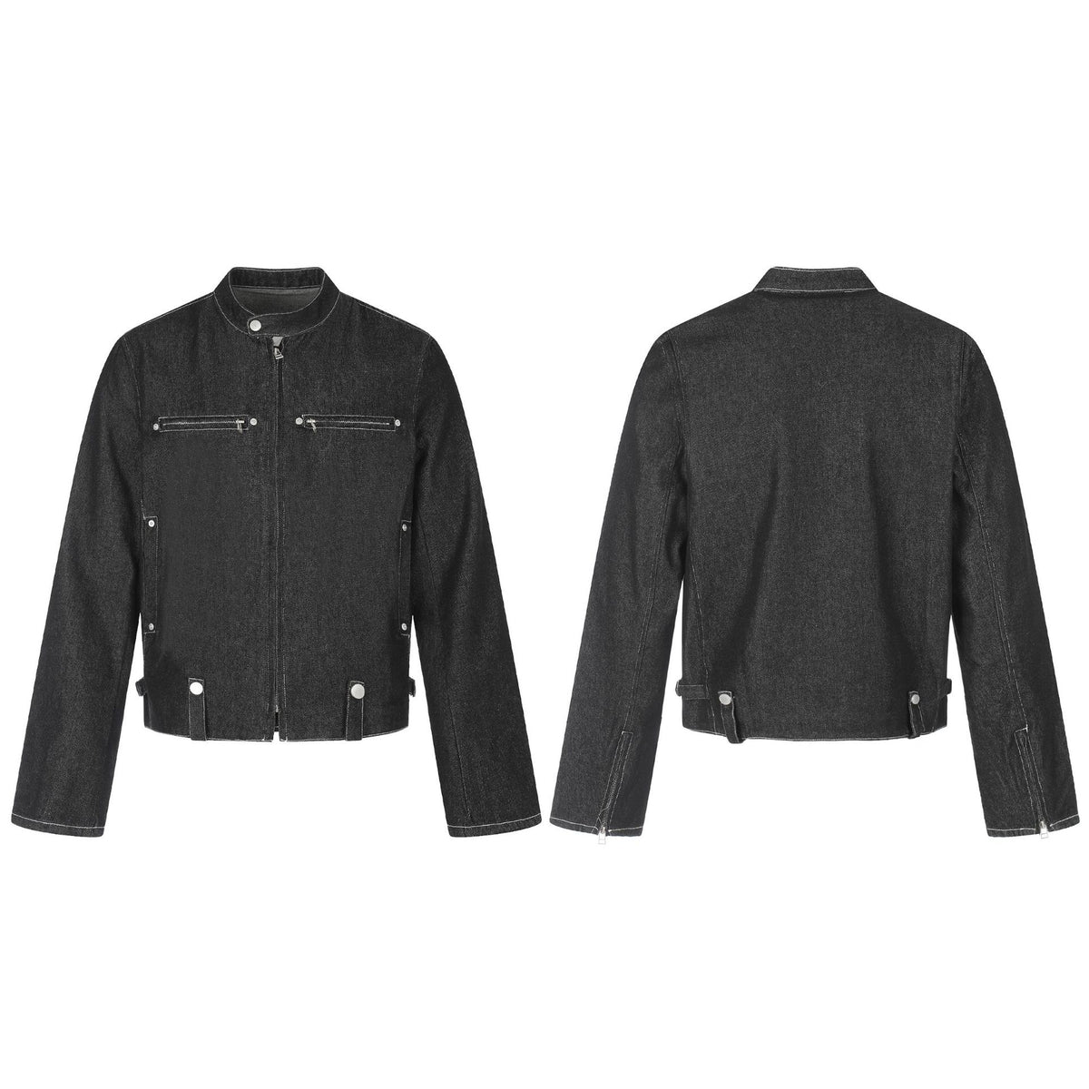 Men's short denim-inspired worker blouson with stand collar, zipper chest pockets, and adjustable waist straps EVA-US