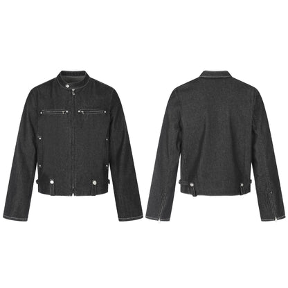 Men's short denim-inspired worker blouson with stand collar, zipper chest pockets, and adjustable waist straps EVA-US