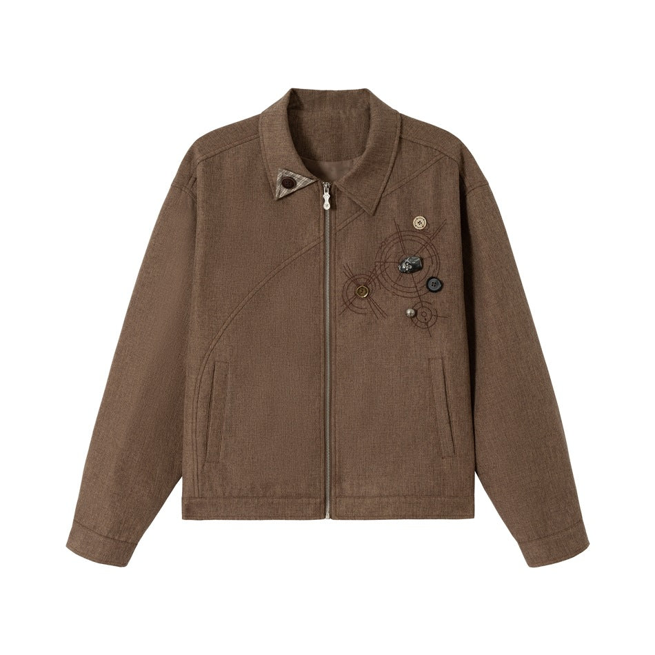Unisex Stylishly Cut Cotton-Linen Blouson Jacket with Decorative Button Applique EVA-US