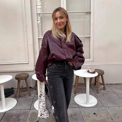 Women's short jacket in glossy patent look with boxy silhouette and dropped shoulders EVA-US