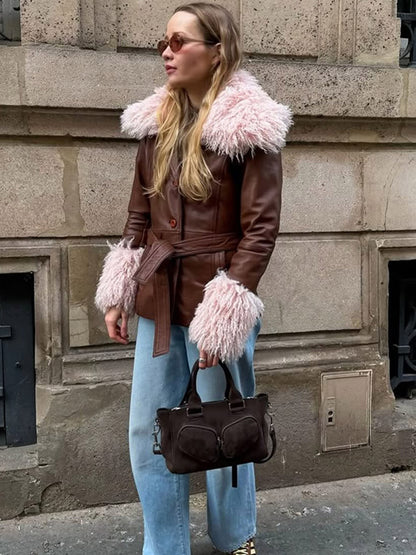 Women's Tailored Faux Leather Jacket with Tied Belt, Opulent Removable Faux Fur Shawl Collar and Fur Cuffs EVA-US