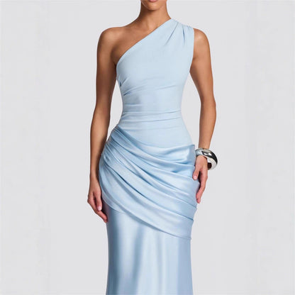 Women's Elegant One-Shoulder Maxi Dress with Refined Draping Details