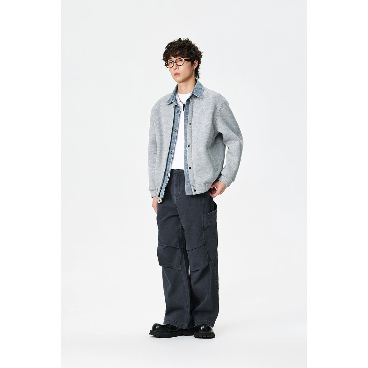 Unisex Layered Look Boxy Blouson with integrated Denim Collar and Snap Button Placket EVA-US