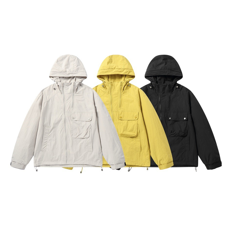 Unisex Lightweight Boxy Windbreaker with Hood, Utility Chest Pocket and Drawstring EVA-US