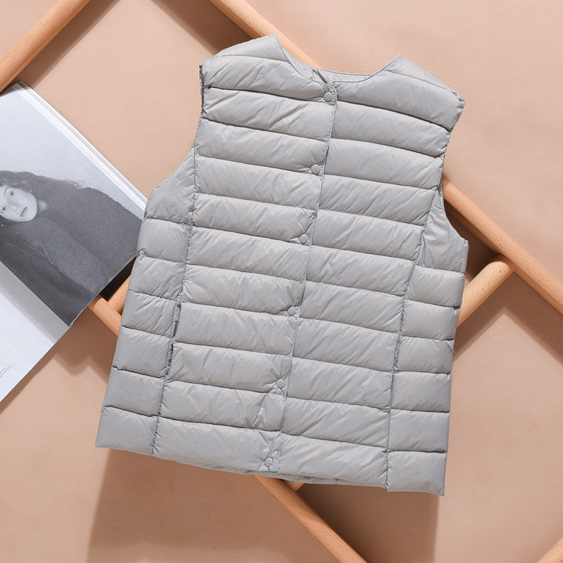 Women's Lightweight Quilted Down Vest with Stand-Up Collar and Snap Button Placket EVA-US