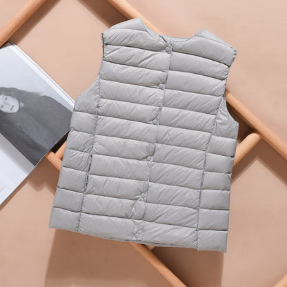 Women's Lightweight Quilted Down Vest with Stand-Up Collar and Snap Button Placket EVA-US