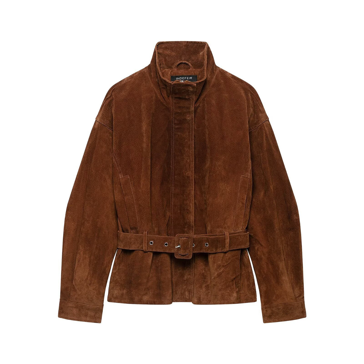 Women’s waist-hugging suede leather trench coat with stand-up collar and wide tie belt EVA-US