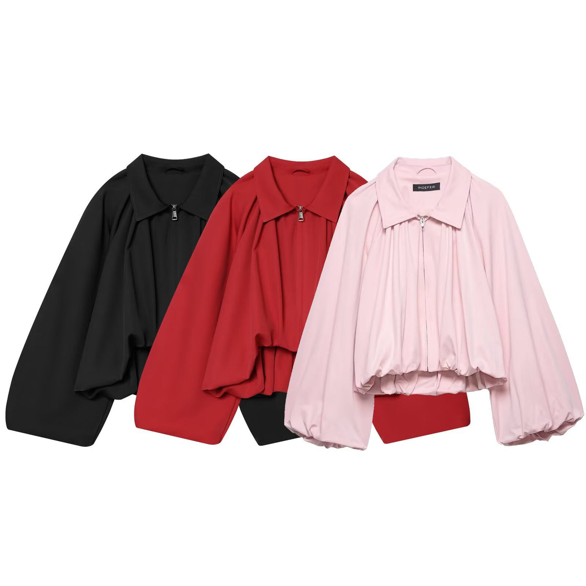 Women's short cut blouson jacket with wide balloon sleeves, zipper, and elastic hem EVA-US