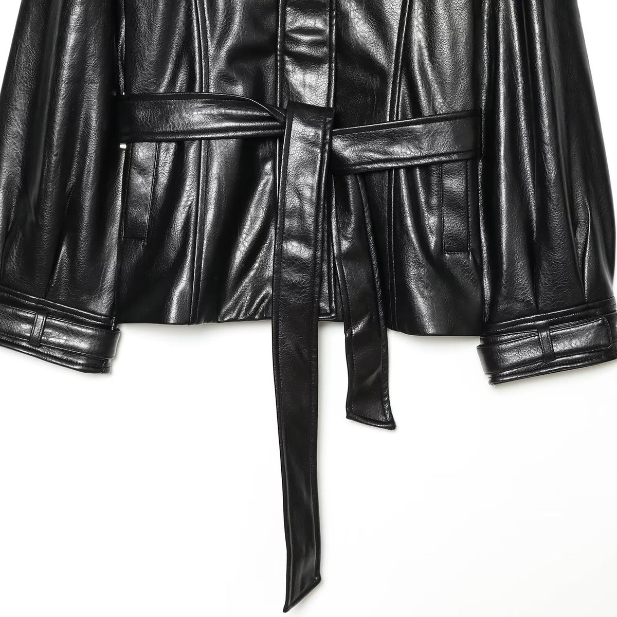 Women's Faux Leather Short Coat with High Stand Collar, Waist Tie Belt and Seams EVA-US