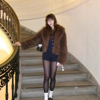 Women's short coat made of vegan high-pile faux fur with oversized shawl collar EVA-US