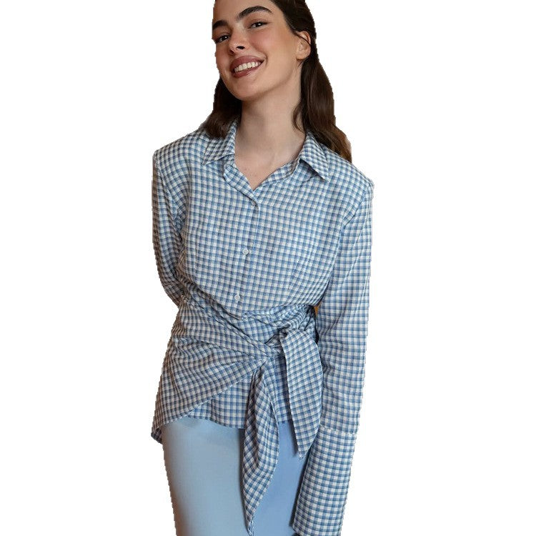 Women's Gingham Wrap Blouse with Side Waist Tie and Shirt Collar EVA-US