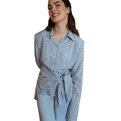 Women's Gingham Wrap Blouse with Side Waist Tie and Shirt Collar EVA-US