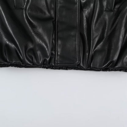 Women's Oversized Leather Look Blouson Jacket with Stand-up Collar and Elastic Hem EVA-US