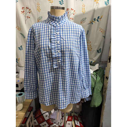 Women's Checkered Blouse Top with Ruffled Collar and Half Button Placket EVA-US