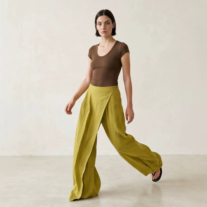 Women High-Waist Wrap Palazzo Pants with Wide Leg and Flowing Linen Look EVA-US