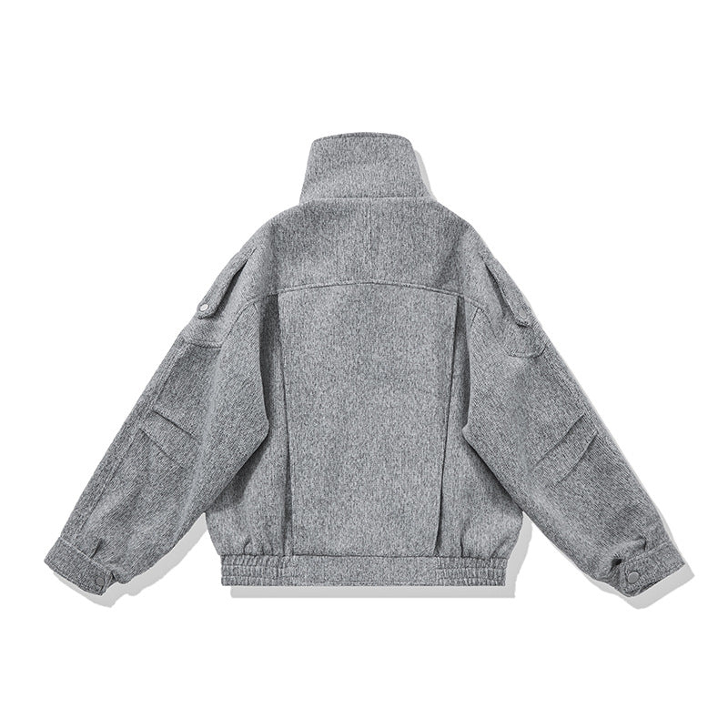 Ladies short cut wool blend biker jacket with asymmetric front and waist belt EVA-US