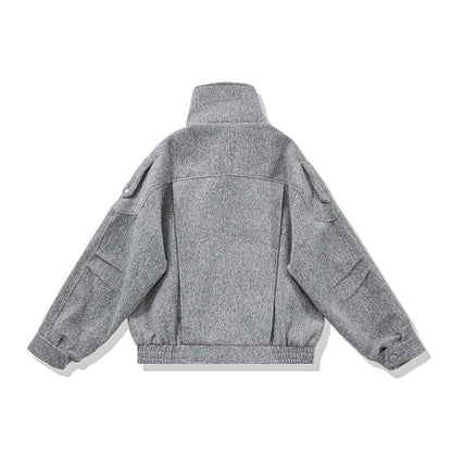 Ladies short cut wool blend biker jacket with asymmetric front and waist belt EVA-US