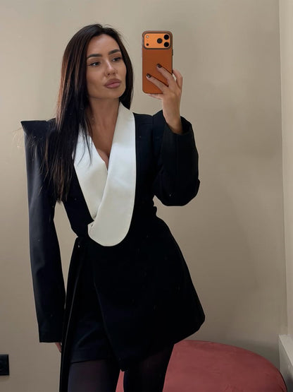 Women's Tailored Blazer Dress with Contrasting Shawl Collar and Structured Shoulders EVA-US